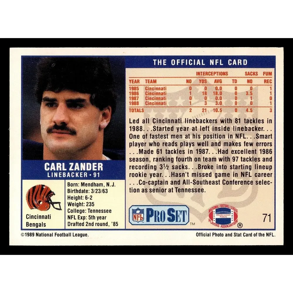 1989 Pro Set #71 Carl Zander Football Card